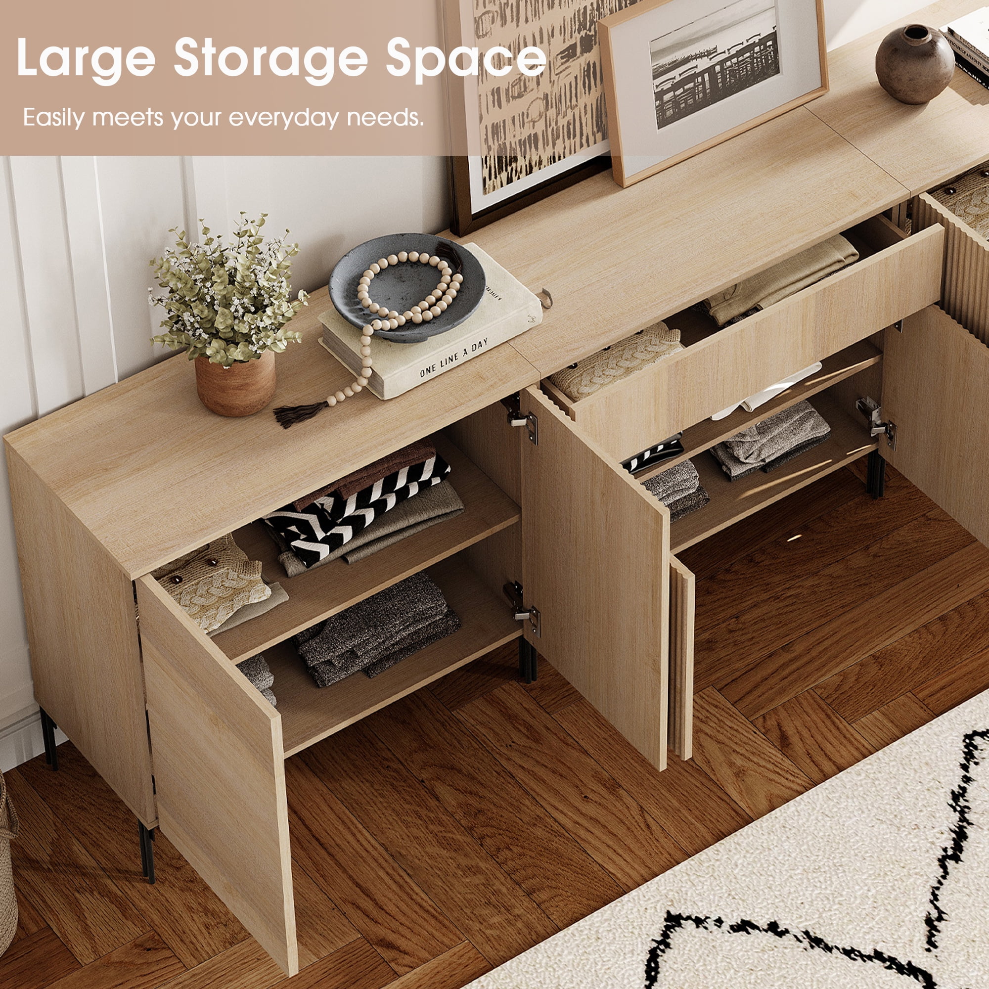 126" Modern Reeded Drawer Dresser Set with Doors for Bedroom, Minimalist Chest of Drawers with Storage, Wooden Dresser for Living Room, Bedroom, Entryway