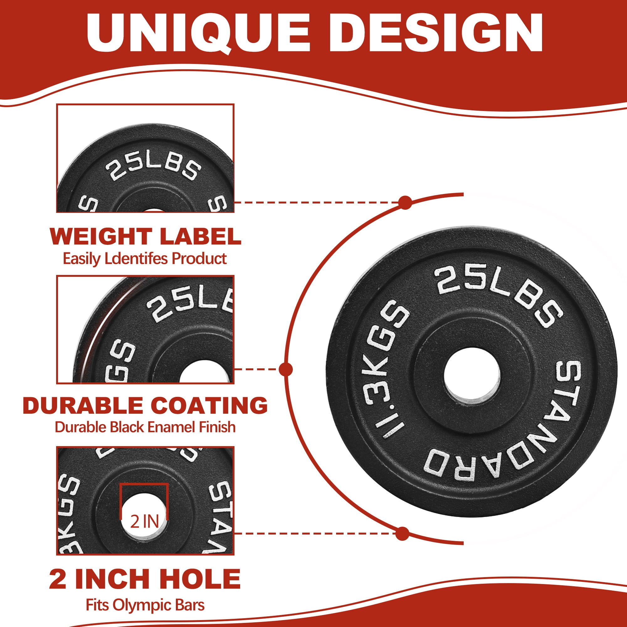 FlexWave Cast Iron Barbell Plates, 2-Inch Hole, Black with Silver Numbers, 50LB Set, for Standard Barbells, Dumbbells & Home Gym Strength Training