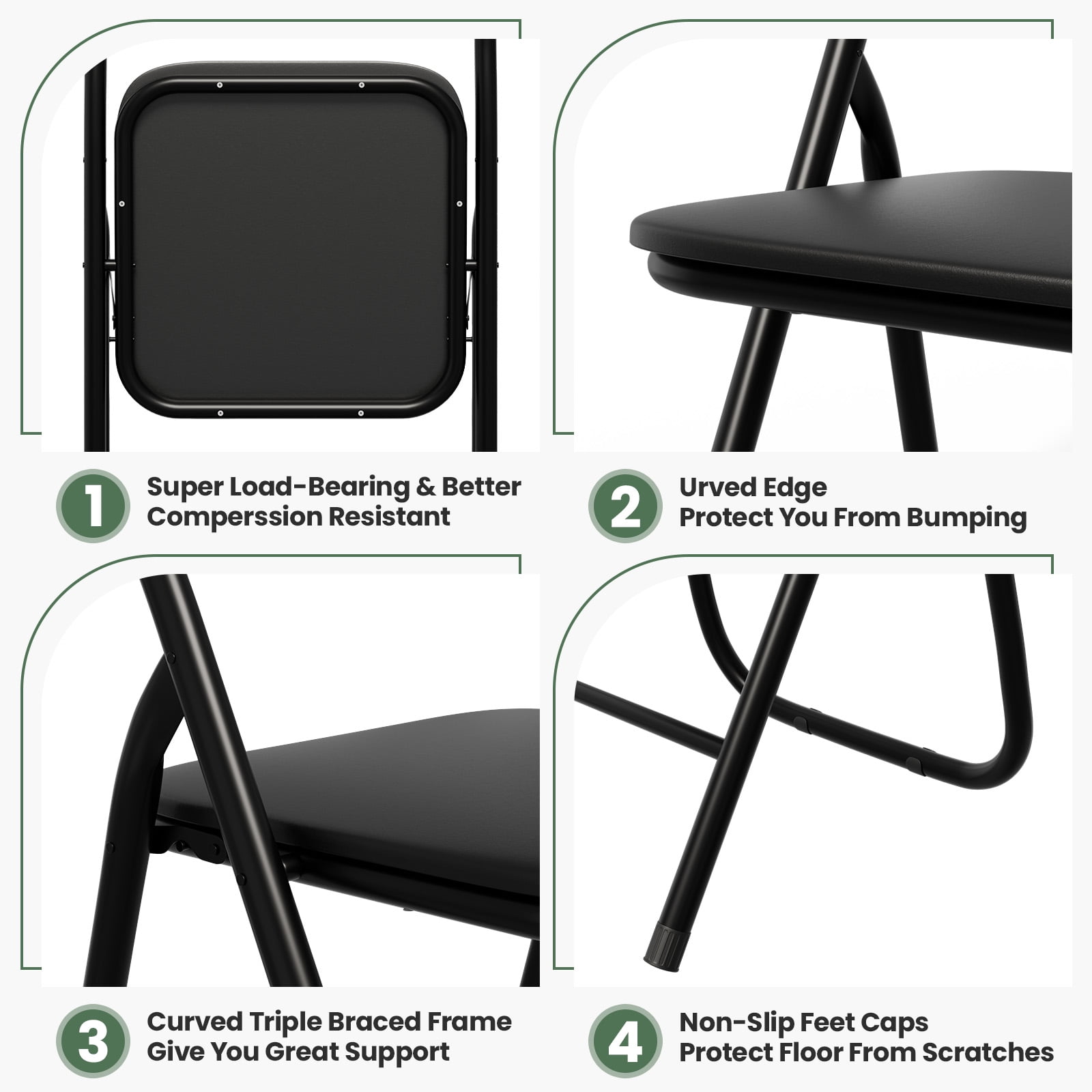 Gelloan 6 Pack Folding Chairs, Indoor Outdoor Portable Stackable Commercial Leather Padded Seat，Wedding Chairs with Metal Frame Home Office Party Use,Black