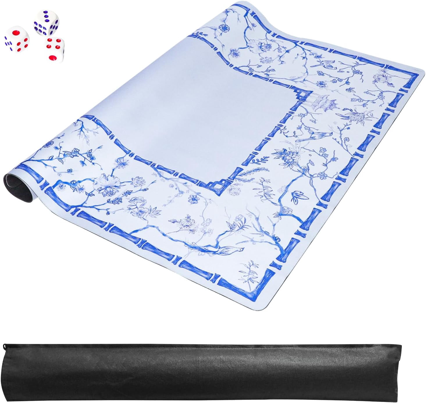 Large Blue Mahjong Mat (31.5” x 31.5”) with Black Carrying Bag, Anti-Slip, Noise-Reducing Table Cover for Mahjong, Poker, Board Games, Dominoes, and Card Games