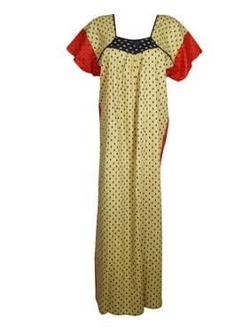 Mogul Women Beige Maxi Dress Buti Print Sleepwear Loose Nightwear Caftan Dress XL