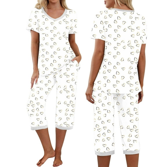 uublik Summer Pajamas for Women Short Sleeve Sleepwear Tops and Capri Pants Pjs Print Pajama Sets