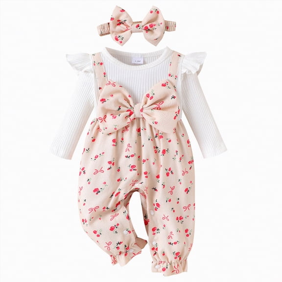 mgoYE 6-9 Month Girl Clothes Preemie Newborn Baby Girl Clothes Infant Romper Onepiece Fall Winter Outfits Gifts for Girls Cute Romper Set|Beige 9-12 Months