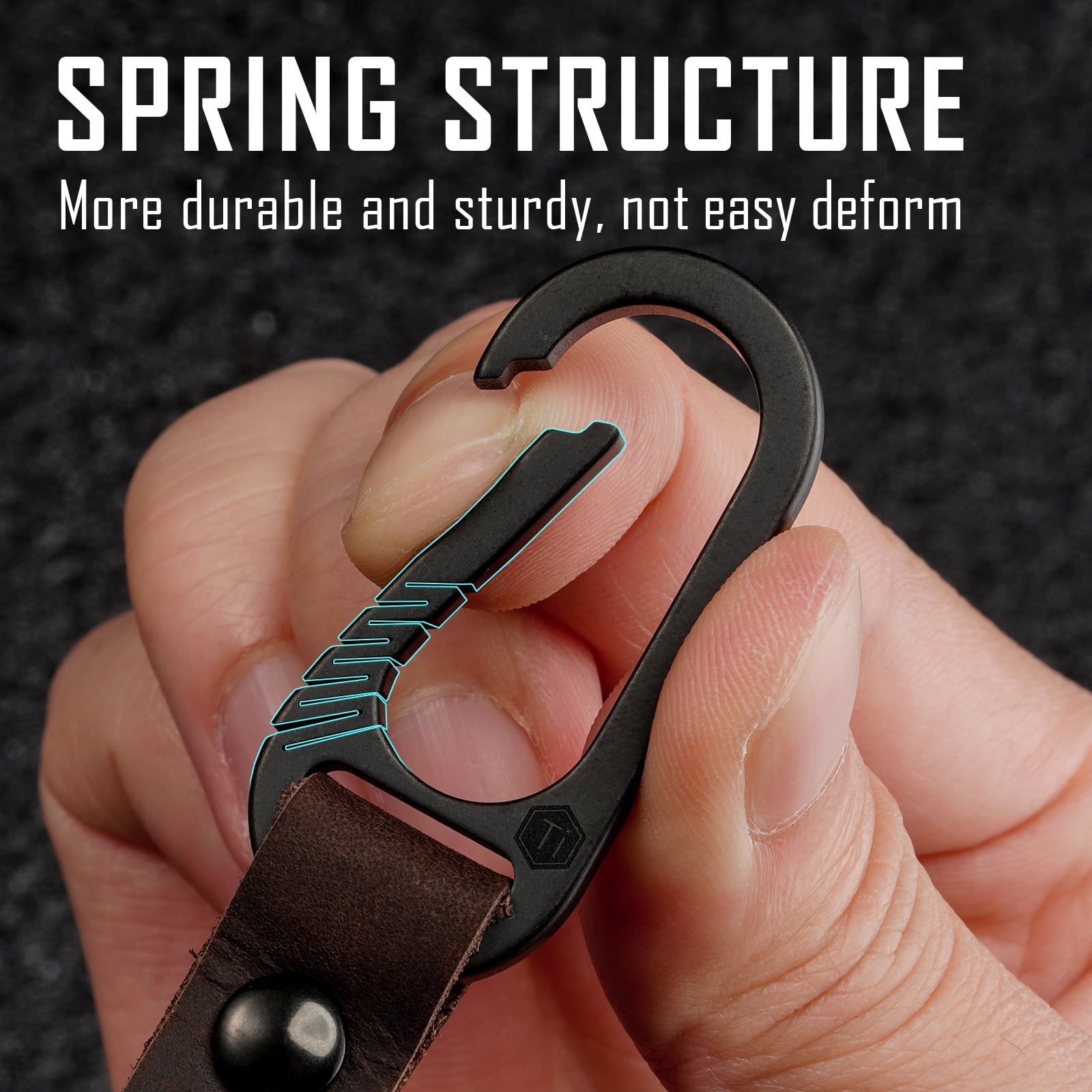 Key Unity KM02 Titanium Belt Clip Carabiner Leather Keychain Holder with Removable Stainless Steel Key Ring (PVD Black)