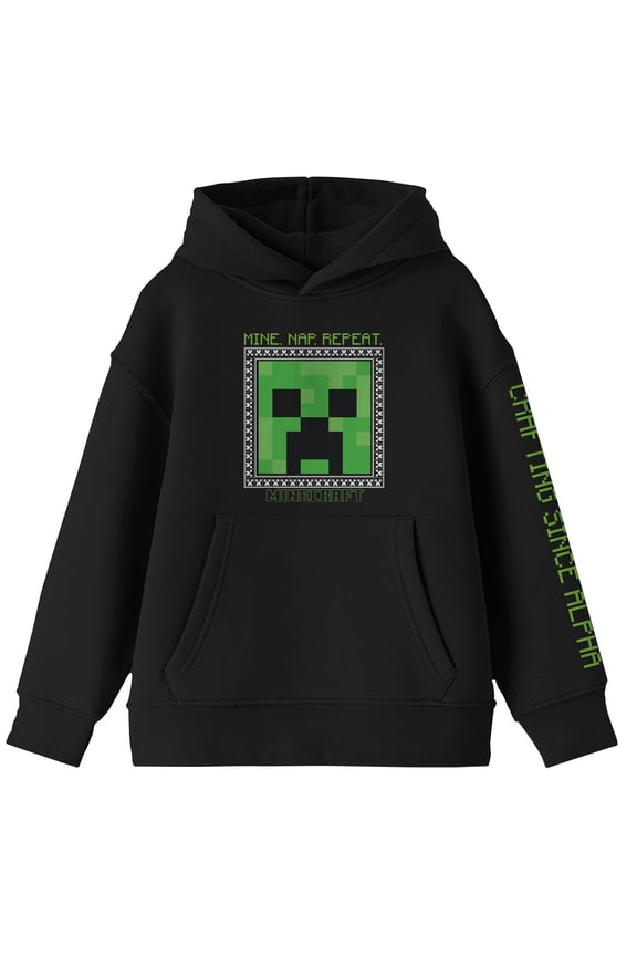 Minecraft Creeper Face Long Sleeve Youth Black Hooded Sweatshirt-Large
