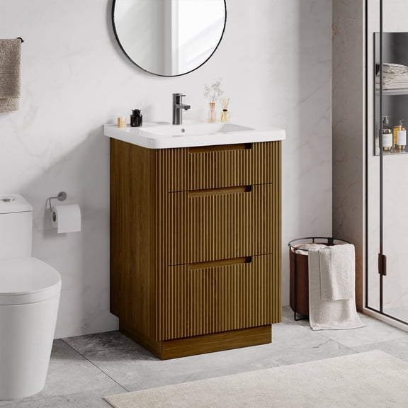 24″ Bathroom Vanity with Ceramic Sink, Modern Floor Vanity Sink Cabinet with 3 Drawers, Fluted Free Standing Bathroom Storage Cabinet with Sink Combo Set, Walnut