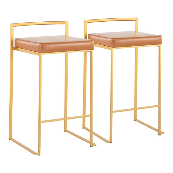 Fuji Contemporary Stackable Counter Stool In Gold With Camel Faux Leather Cushion - Set Of 2
