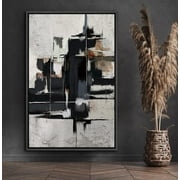 PixonSign Framed Canvas Print Wall Art Black Panels on Grunge Gray Background Abstract Shapes Illustrations Minimalism Alternative Edgy Dark for Living Room, Bedroom, Office - 24"x36" Black