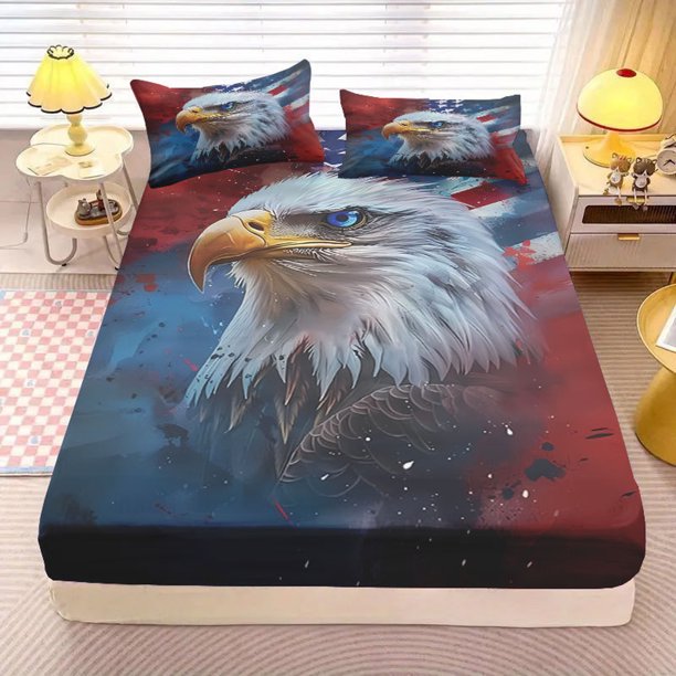 Juego de Sábanas Ajustables Del Día de La Independencia Tamaño Matrimonial | Juego de Sábanas de 3 Piezas con Fundas de Almohada | Ropa de Cama Festiva | Tela Suave y Duradera | Lavable a Máquina | D
