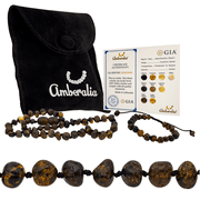 Amberalia Set of AmberNecklace 13" (33cm) and AmberAdjustable Bracelet 4.7"+2.3" (12cm+4cm) Genuine Baltic Amber, Lab Tested Dark Green