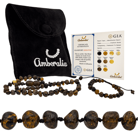 Amberalia Set of AmberNecklace 13" (33cm) and AmberAdjustable Bracelet 4.7"+2.3" (12cm+4cm) Genuine Baltic Amber, Lab Tested Dark Green