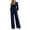 Dark Blue, variant on Sunnin Womens Jumpsuit Solid Color V Neck Long Sleeve Zip Pleated Waist Wide Leg Lounge Wear