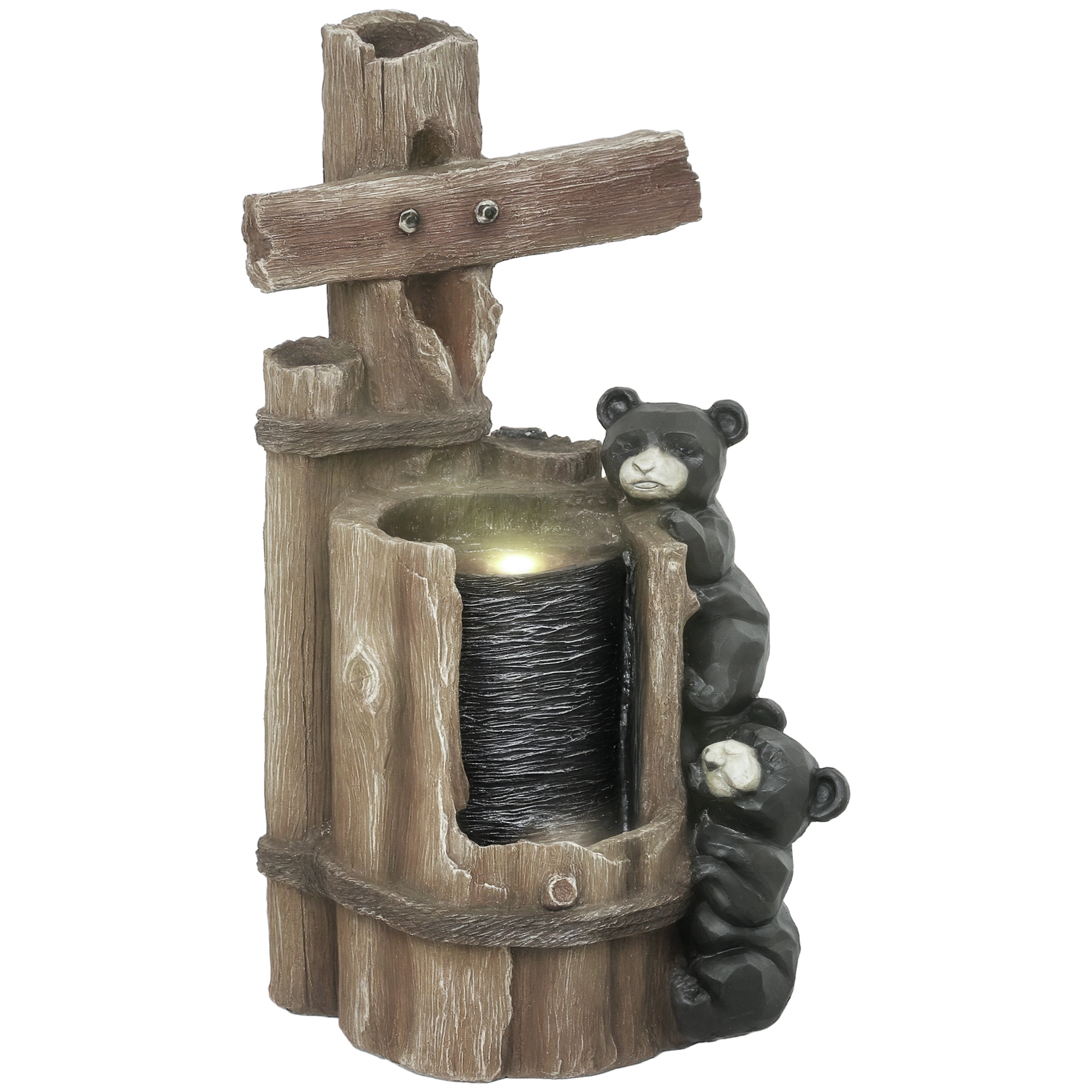 Outsunny 22.8" Outdoor Water Fountain, 3-Tier Floor Standing Resin Bears on Log Waterfall Fountain with LED Lights, Pump