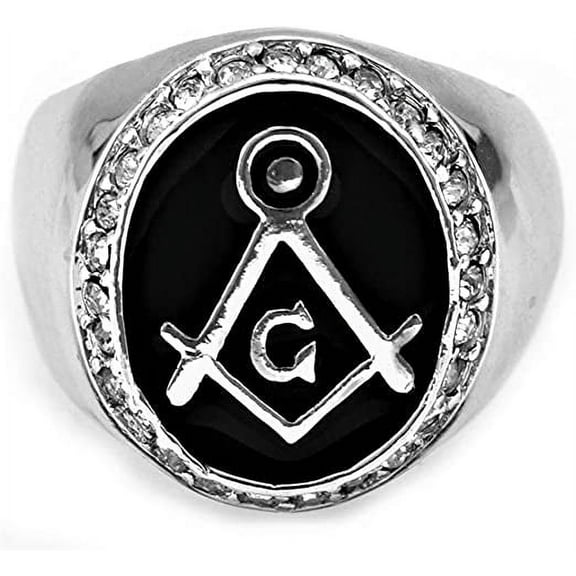 Hip-Hop CZ Silver Tone Mason Masonic Black Enamel Men's Ring Size 12 #3