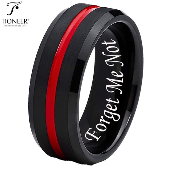 Tioneer Black IP Tungsten Ring w/ Distinct Blue or Red Center Line 8mm Comfort Fitw/ Free Engraving Options