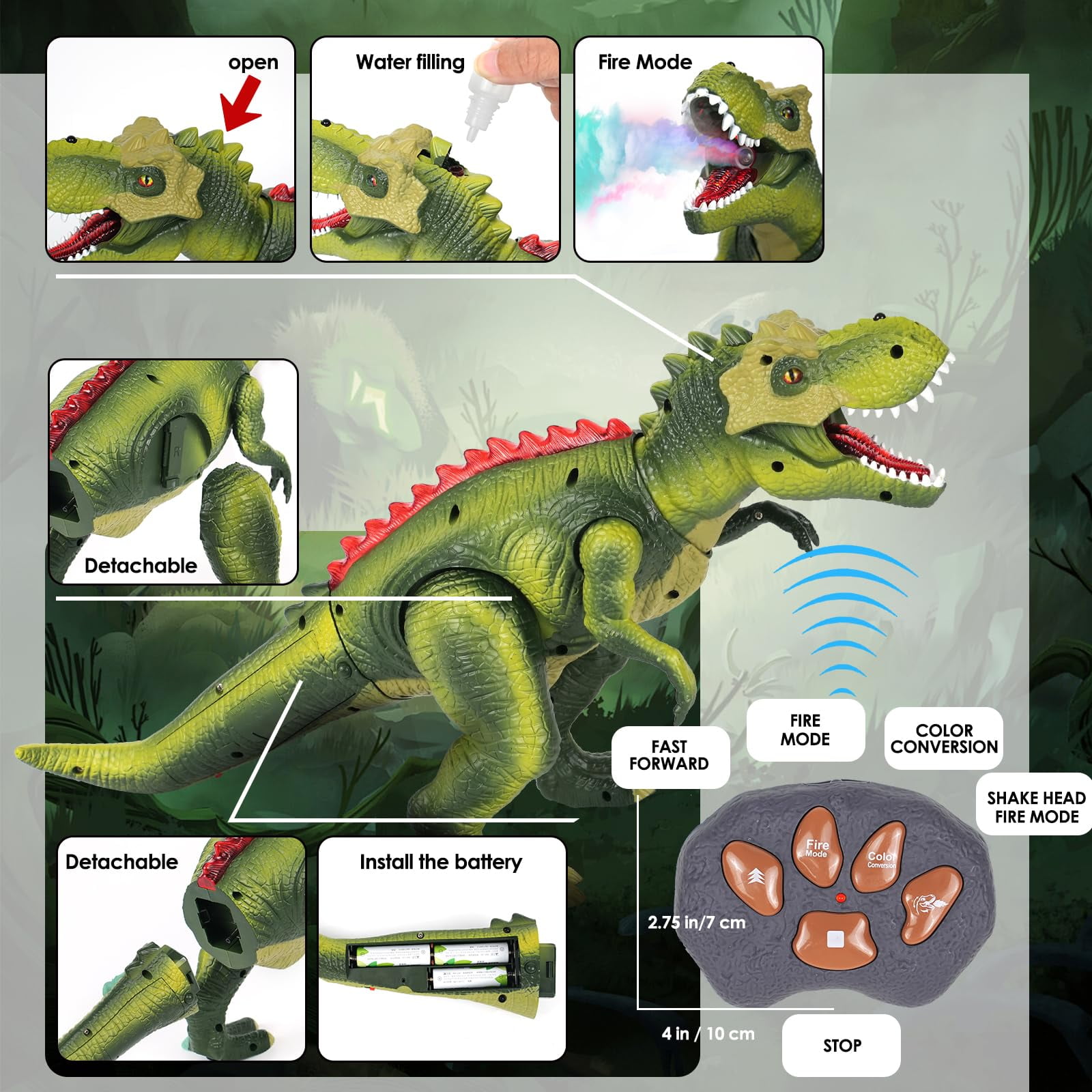 XINGLUKE Remote Control Dinosaur Toys for Kids, Walking RC T-Rex Toys with Light, Colorful Sprays and Roars Sounds for Boys Girls 3+ Years Old