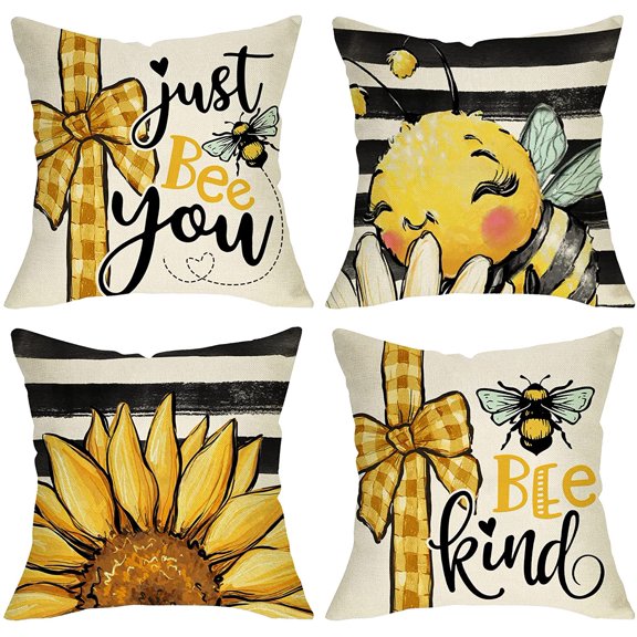 Spring Summer Bumble Bee Sunflower Decorative Throw Pillow Covers 18x18 Set of 4, Fall Farmhouse Black White Stripe Home Decor, Yellow Buffalo Plaid Check Quote Outdoor Couch Cushion Case