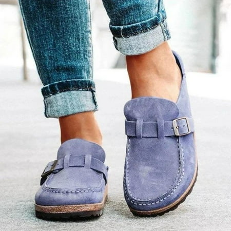 

Frosted Suede Round Head Belt Buckle One Pedal Flat Comfortable Foam Bottom Slippers