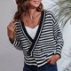 thumbnail image 3 of Chaqueta de punto de mujer con cuello en V a rayas, botones de manga larga, abrigo suelto vintage Irfora Negro/Grande, 3 of 7