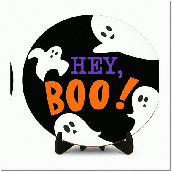 Spooky Chic Ghostly Delight - Round Wooden Desk Sign with Stand for Boo-tiful Home Decorations & Party Table Centerpieces! A01