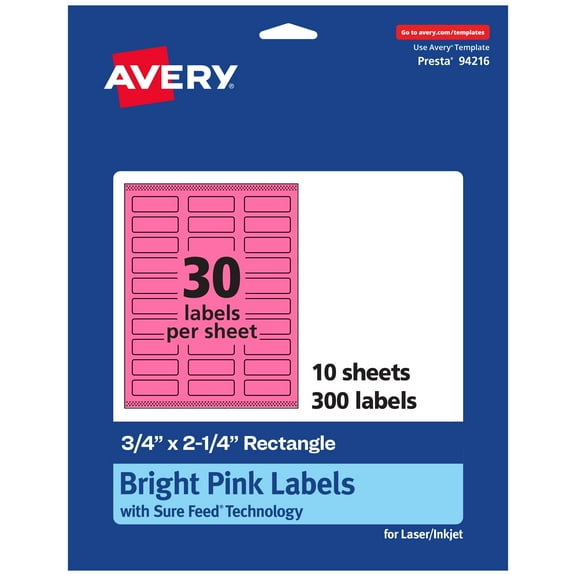 Avery Printable Rectangle Labels, Bright Pink, 0.75" x 2.25", 300ct