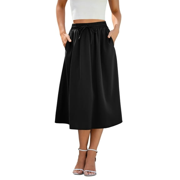 HOWCOME Women's 2024 Bohemian A Line Skirt Elastic Waist Floral Printed Midi Skirts with Pockets Black, L