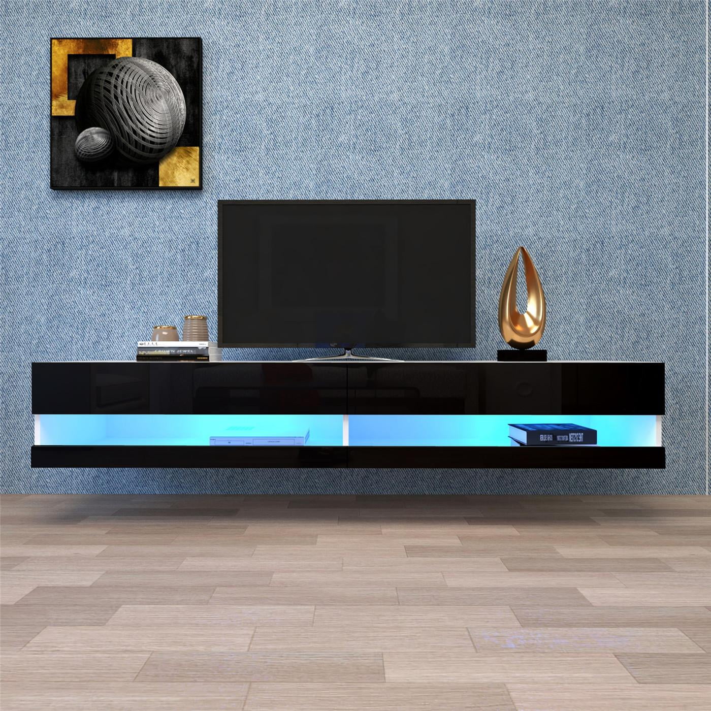 Details about   80" Wall Mounted Floating TV Stand TV Cabinet with 20 Color LEDs Black/White 