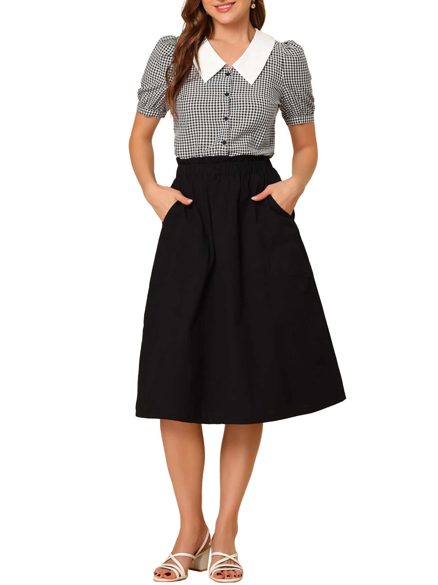 Unique Bargains Women's Plaid Contrast Collar Puff Sleeve Button Down Shirt Tops Black S