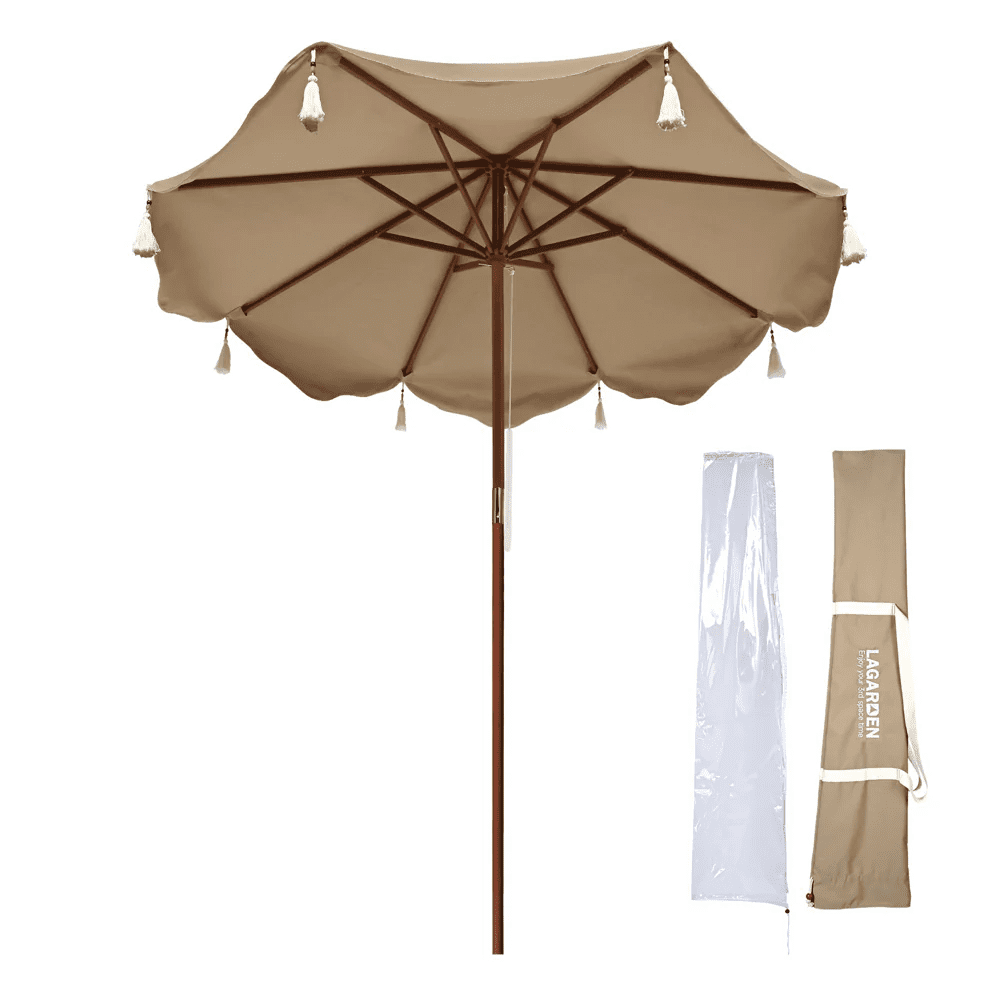 Boho Fringe Umbrella Wood Market Umbrella, Khaki + Tassels