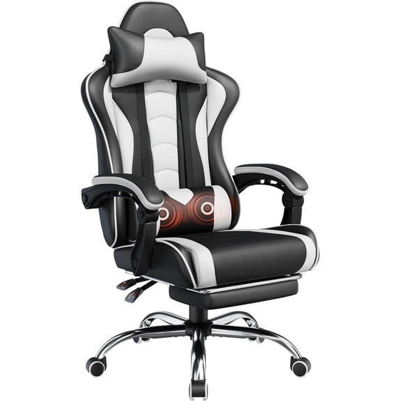 Gaming Chair, Video Game Chair with Massage Lumbar Support and Footrest Height Adjustable Ergonomic Computer Gaming Chair with Swivel Seat and Headrest, Black/White
