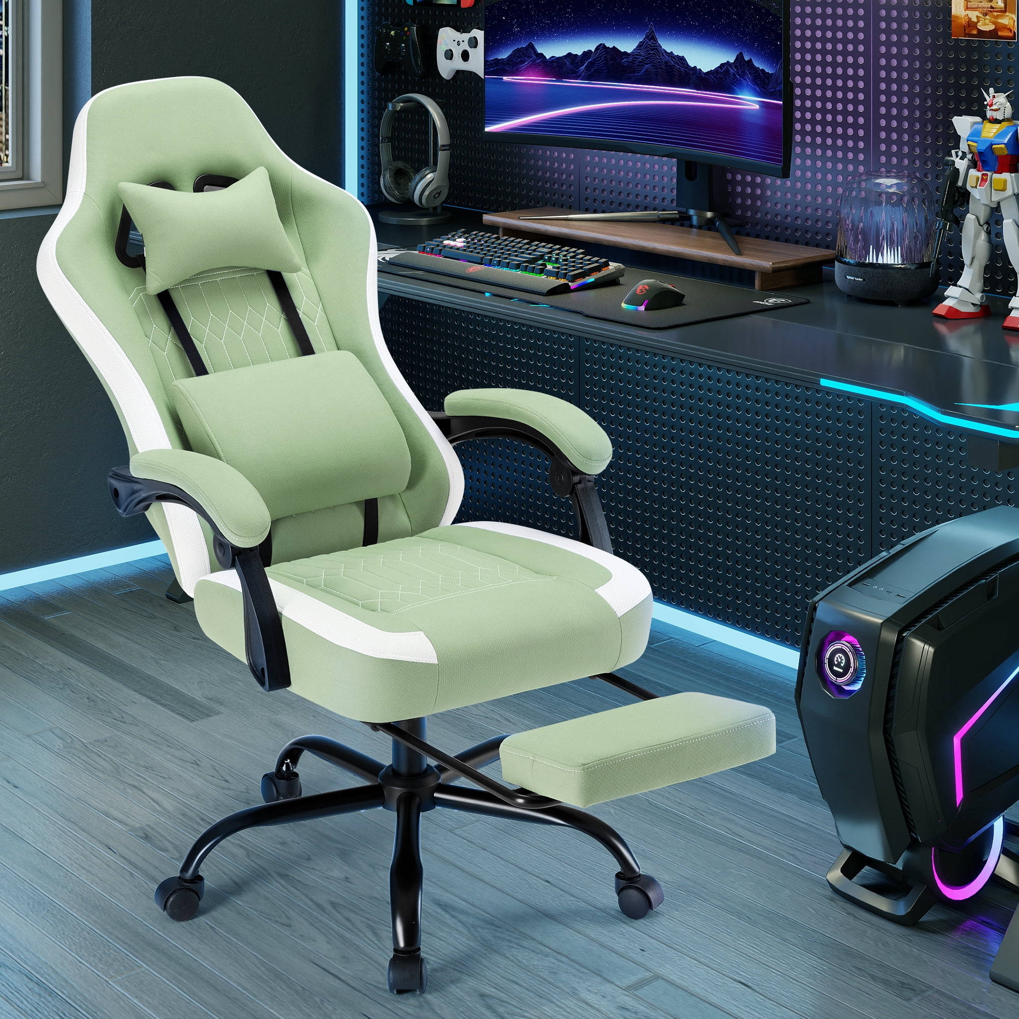 Gianna Gaming Chair with Footrest, Ergonomic High‑Back Computer Chair with Lumbar Support, Adjustable Height & Headrest, Green