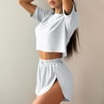 thumbnail image 5 of Jamicy Women's Pajamas Set Solid Color Casual Sleepwear Tee Shirts and Shorts Side Slit Crewneck Loungewear Two-Piece Set for Home Wear, 5 of 9