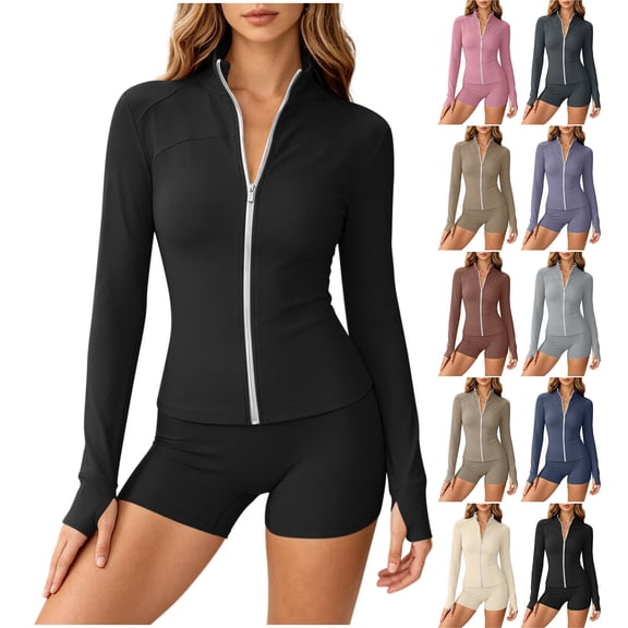 Aofany Two Piece Sets for Women Summer for Women High Waisted Shorts Long Sleeve Athletic UPF 50 Jacket Gym Yoga Outfit