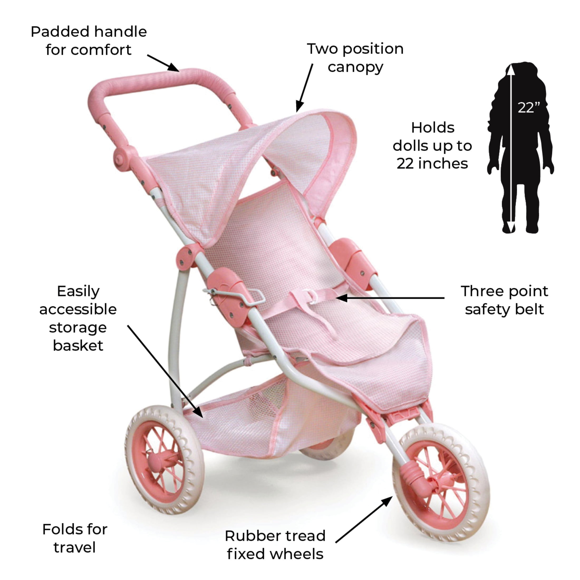 Folding Three Wheel Doll Jogging Stroller - Pink/Gingham