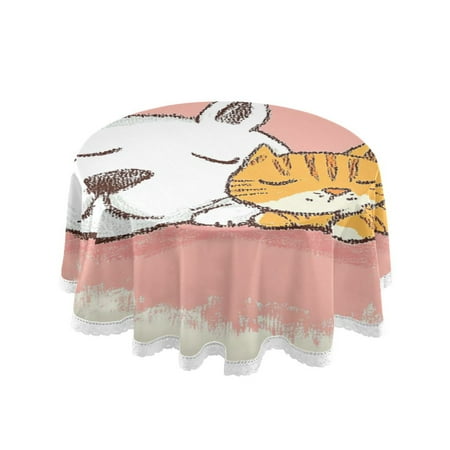 

60 Round Tablecloth with White Lace Trim Wrinkle & Heat-Resistant Table Cover for Dining and Home Decor Bull Terrier and Tabby Cat