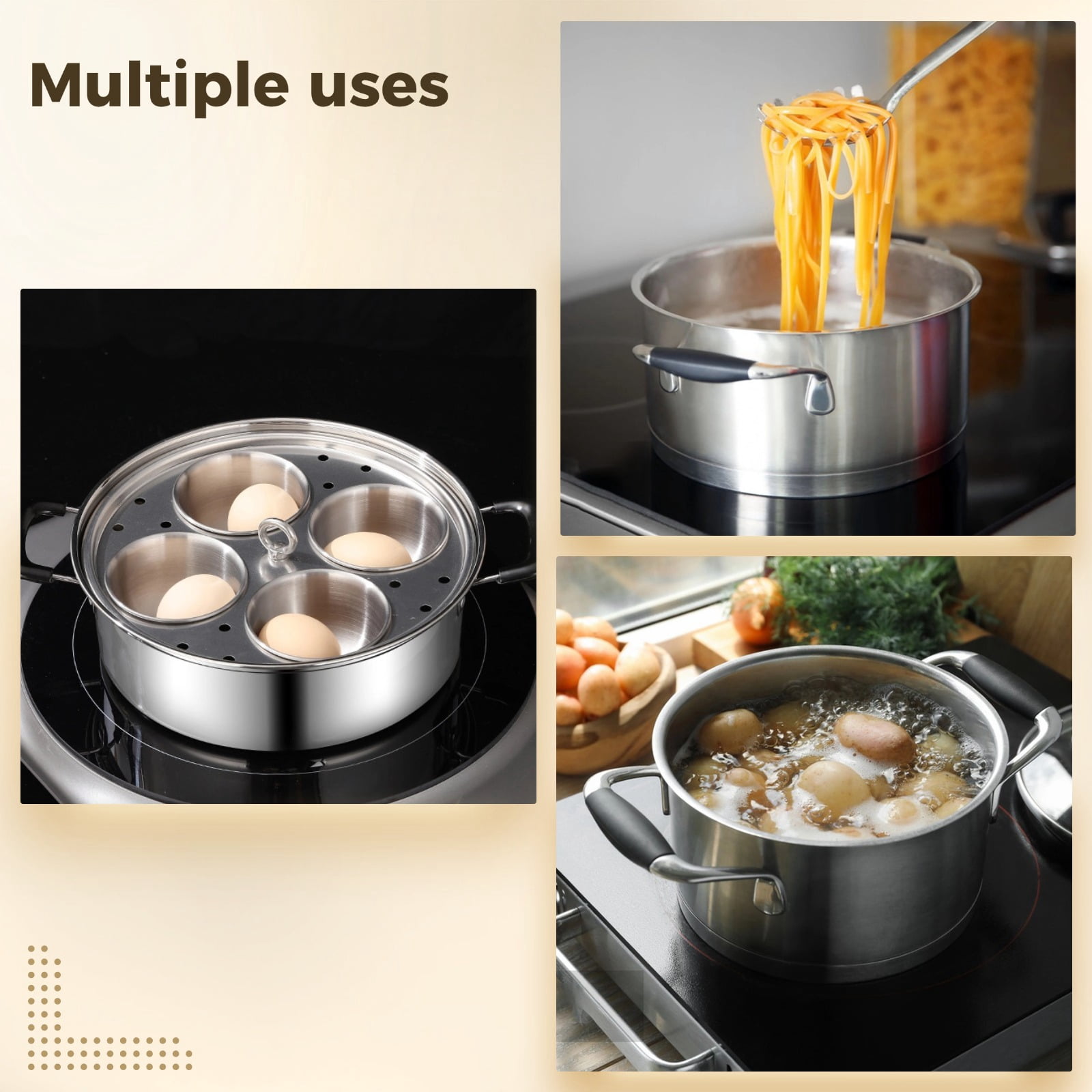 20 cm/7.87 in Stainless Steel Egg Poacher Pan, 4 Egg Poaching Cups for Easy Release, Tempered Glass Lid for Visible Cooking, Healthy Long-lasting, All Stovetops Compatible