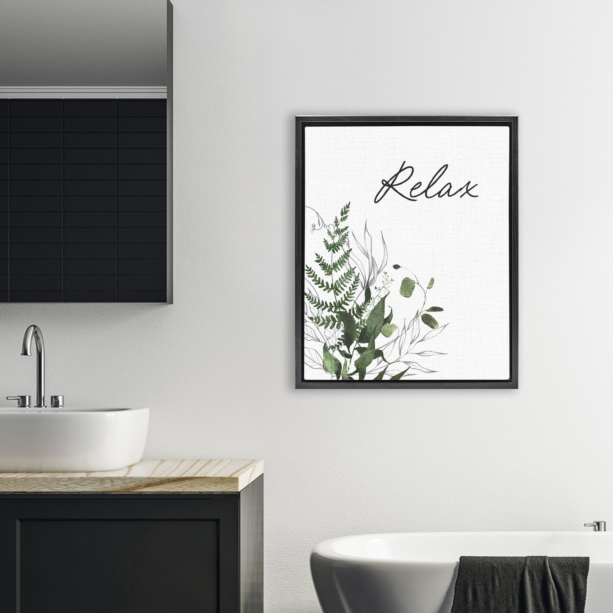 Relax Ferns & Botanicals Black Framed Floater Canvas Wall Art, design by Lettered and Lined