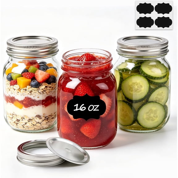 16 oz standard mouth mason jar, 3 safety snap lid | snap seal indication/airtight design, pint capacity soda lime glass material, can be used for canning, can be frozen and dishwasher clean