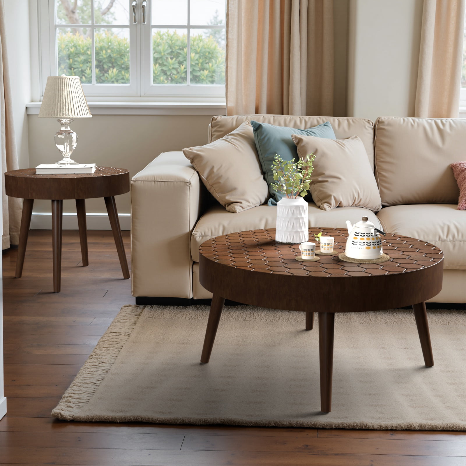 FOROUTIA Nesting Round Wood Coffee Table Set of 2,Morden Circle Side Table  for Living Room