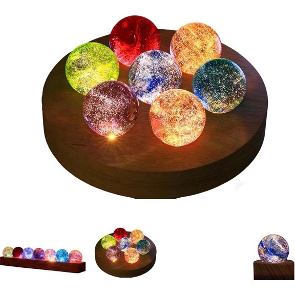 Glowing Sky Glass Sphere Decor, 7 Colors 40mm Ice Cracked Balls Crystal Balls with LED Wooden Base Decorative, for Home,Meditation, Energy Balancing & Light Decor (Round Bases)