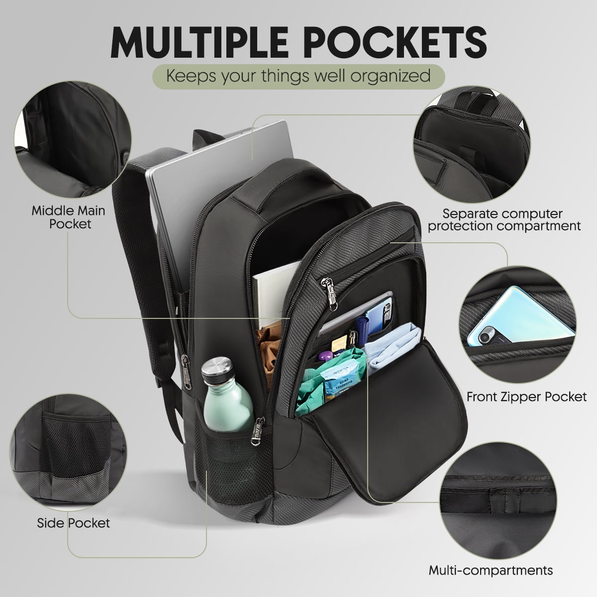 17 Inch Laptop Backpack for Men Carry on Travel Backpack with USB Charging Port Water Resistant Work Business College Computer Bag,HB2116 Grey