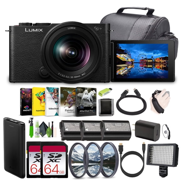 Panasonic LUMIX S9 Mirrorless Full Frame Compact Camera with 20-60mm F3.5-5.6 L Mount Lens for Content Creators - Black -Bundle with 2x 64GB Memory Card + Extra Batteries + Video LED Light and More