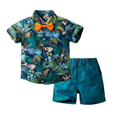 

Bullpiano 1-6T Toddler Baby Boy Summer Vacation Gentleman Shorts Sets Infant Kids Leaves Floral Short Sleeve Button down Bowite Shirt Top+Shorts Suits Hawaiian Outfit (Style K)