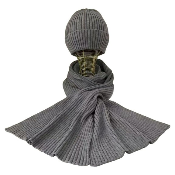 UDIYO 2Pcs/Set Adults Hat Scarf Cozy Stretchy Windproof Thermal Soft Cold Resistant Solid Color Autumn Winter Men Women Knit Beanie Long Scarf Kit for Outdoor