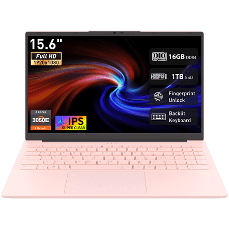 Auusda 15.6" Student Laptop, 3050E CPU 16GB RAM 1TB SSD, Fingerprint Unlock & Backlit Keyboard, Win11 Pro Computer, TYPE-C, Pink