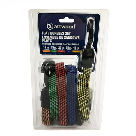 Attwood 11712-7 Five-Piece Set Multi-Color Flat Bungee Cords with End Hooks, Assorted Lengths