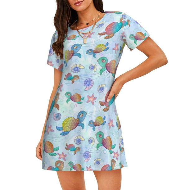 Balery Colorful Sea Turtle Camisón de manga corta con cuello redondo para mujer, cómodo y elegante.