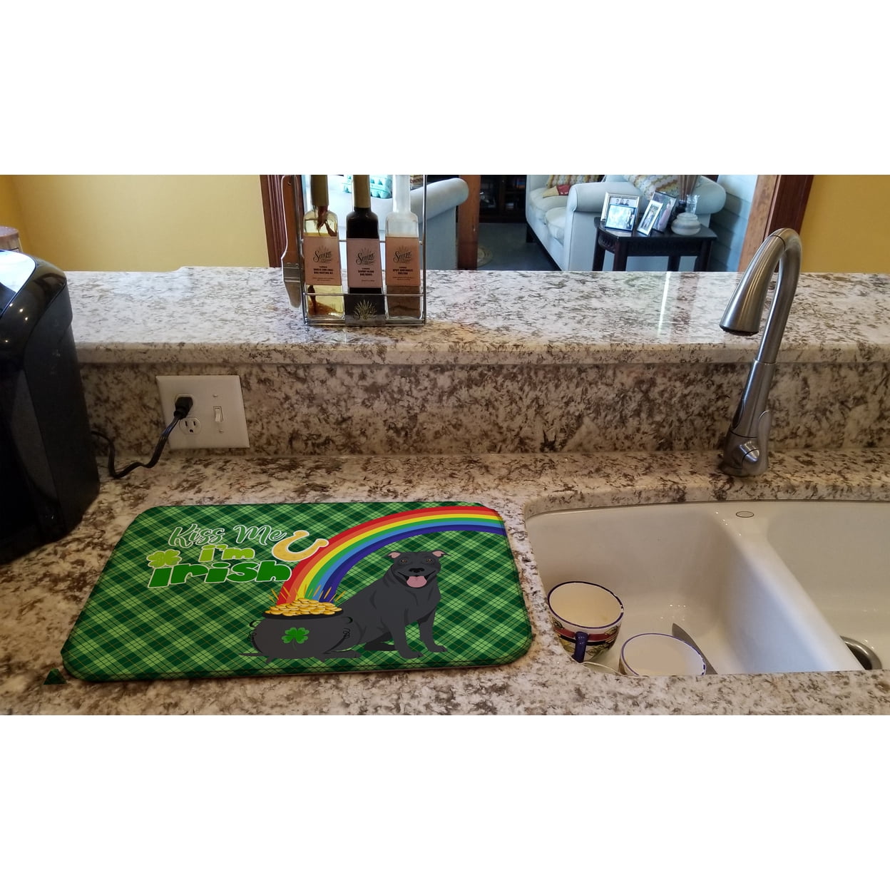 Black Pit Bull Terrier St. Patricks Day Dish Drying Mat