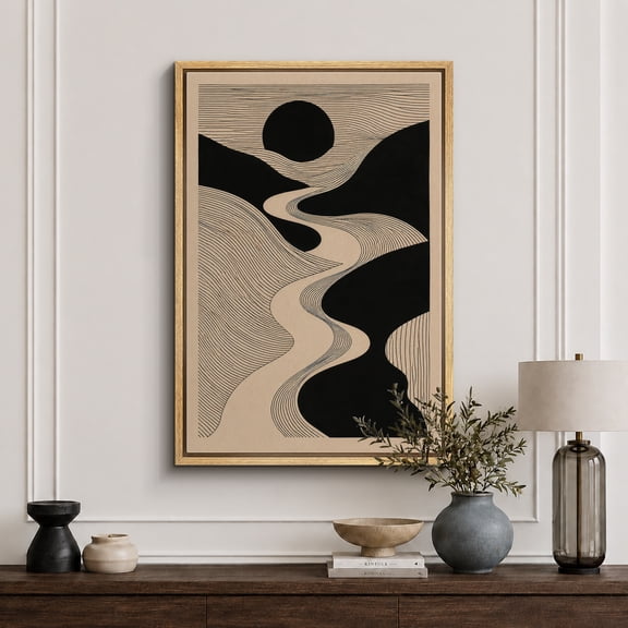 Framed Canvas Print Black White Abstract Line Wall Art Modern Decorative for Living Room Bedroom - 16"x24" NATURAL Frame