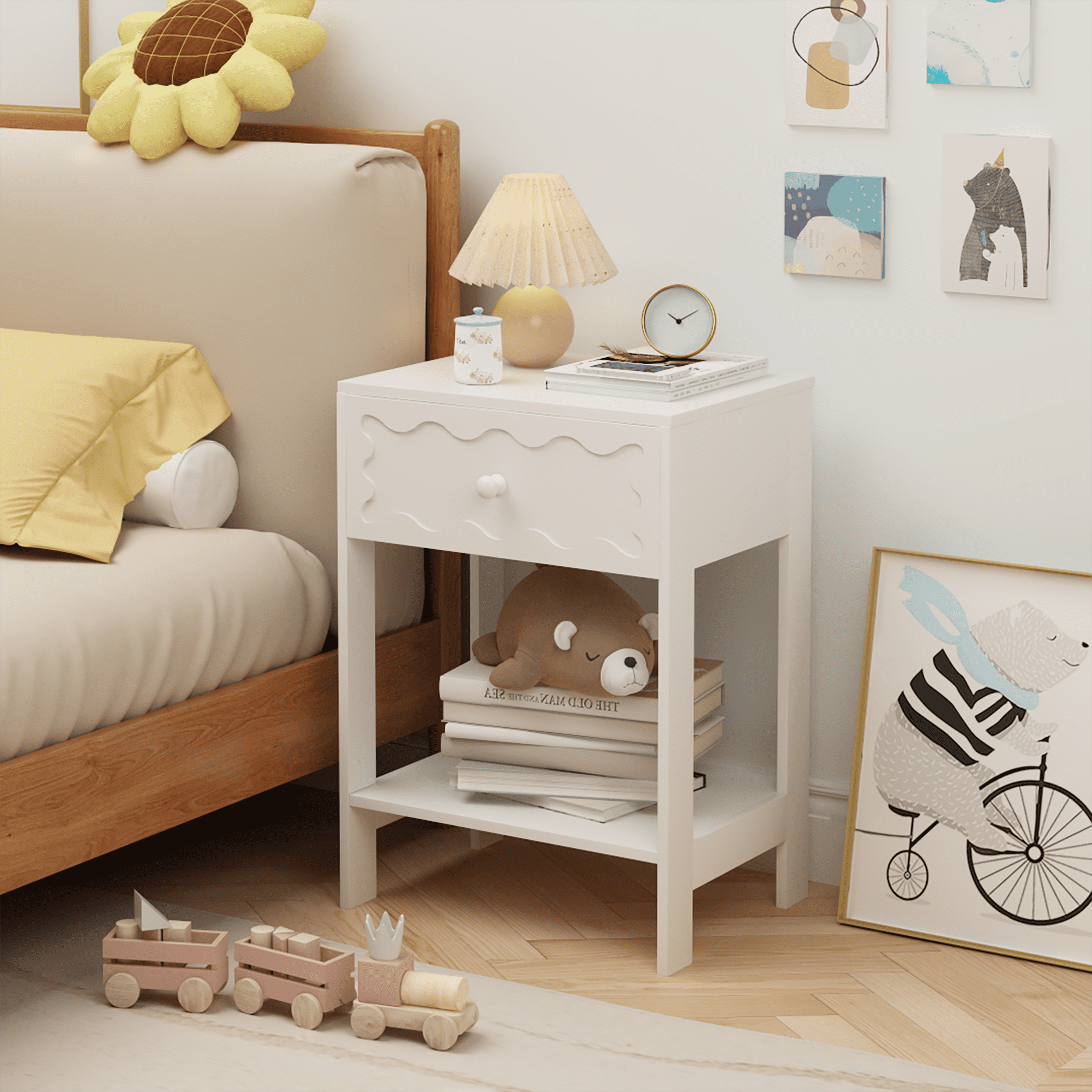 White Nightstand with Drawer and Open Shelf, Modern Wave Pattern Bedside Table, Solid Wood Frame End Table for Bedroom, Living Room, Small Spaces